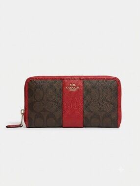 Coach Brown Signature Wallet with Red Trim